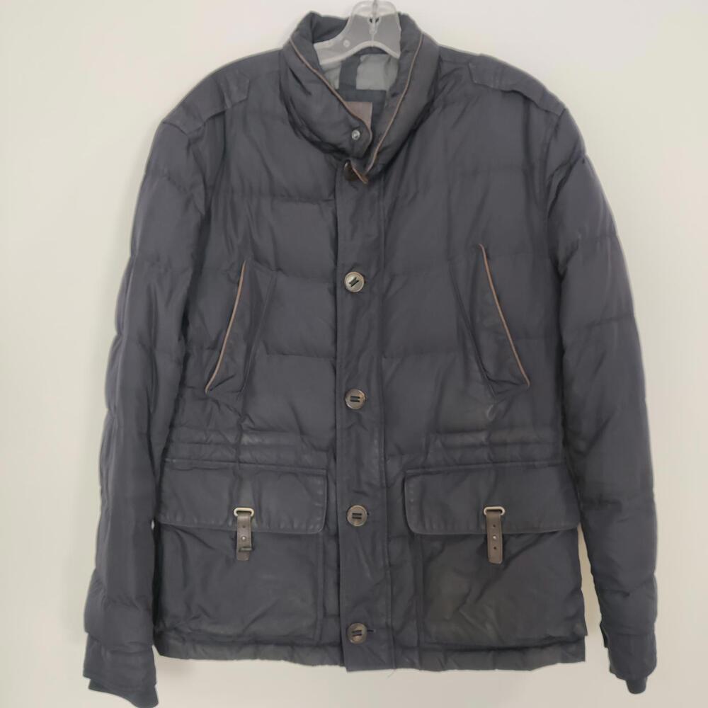 Massimo Dutti Navy Puffer Jacket Leather Trim Buckle Pockets